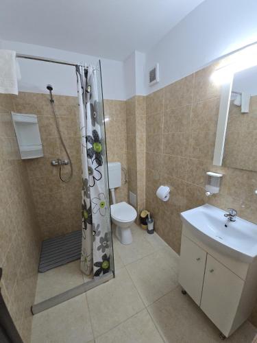 a bathroom with a shower and a toilet and a sink at Complex Casa Ani in Eforie Nord