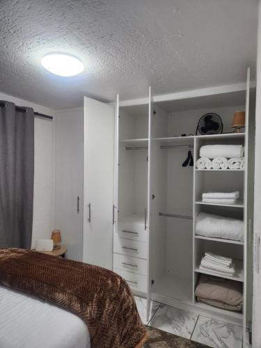 a bedroom with a bed and a white closet at Hayley's inn at village blues in Johannesburg
