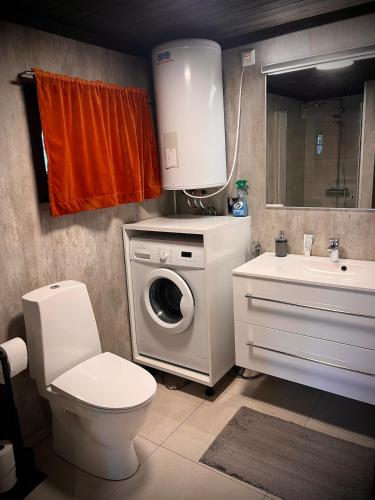 a bathroom with a toilet and a sink and a washing machine at Hytte på Norefjell in Surteberg
