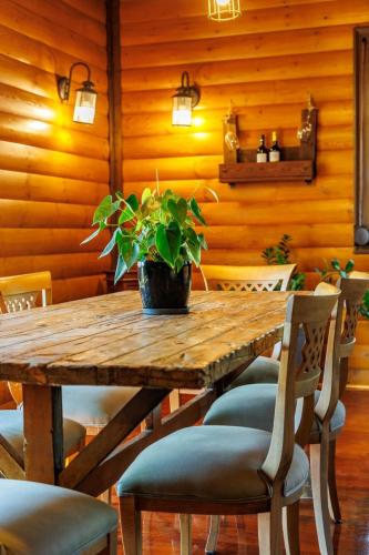 a wooden table with chairs and a potted plant on it at Villa PARADISE in Néa Michanióna