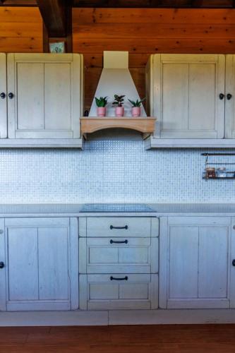 a kitchen with white cabinets and potted plants on a shelf at Villa PARADISE in Néa Michanióna