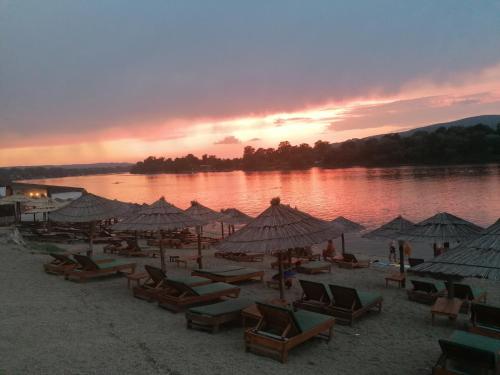 a group of beach chairs and umbrellas on a beach at Vila Konak in Veliko Gradište
