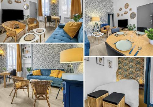 a collage of photos of a living room and dining room at Superbe appartement cosy et chaleureux EN PLEIN CENTRE Idéal pour un couple, une petite famille ou professionnel in Poissy