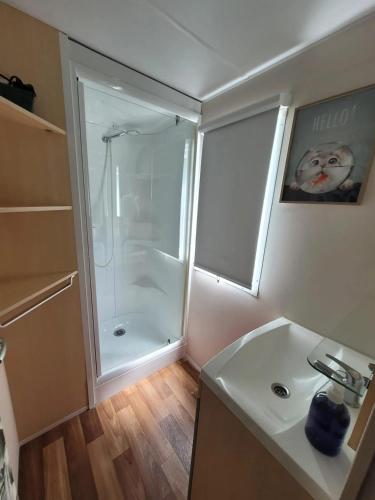 La salle de bains est pourvue d'une douche et d'un lavabo blanc. dans l'établissement Bungalow charmant à Ivry-la-Bataille avec piscine partagée, à Ivry-la-Bataille