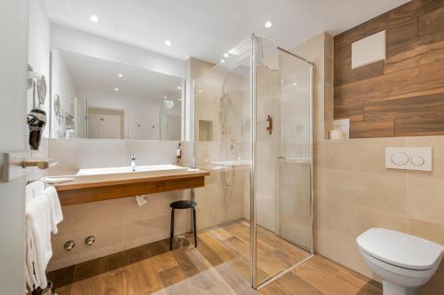 a bathroom with a shower and a sink and a toilet at ChiemseeStern Vacation & Recreation "Adults Only" in Gstadt am Chiemsee