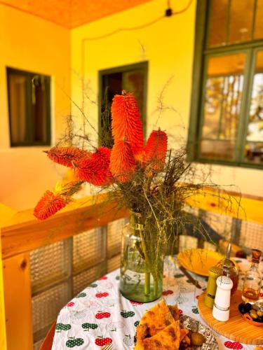 a vase filled with red flowers sitting on a table at Our Old House in Tʼelavi