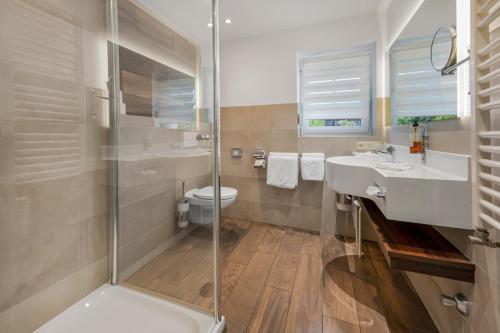 a bathroom with a shower and a sink and a toilet at ChiemseeStern Vacation & Recreation "Adults Only" in Gstadt am Chiemsee
