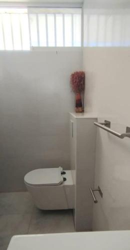 a white bathroom with a toilet and a window at LagunaSuite & More in Porlamar