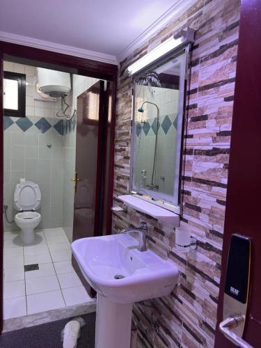Ḑubāأعمال الهاشم للشقق المخدومة ضبا Al Hashem for Served Apartments的带水槽、镜子和马桶的浴室
