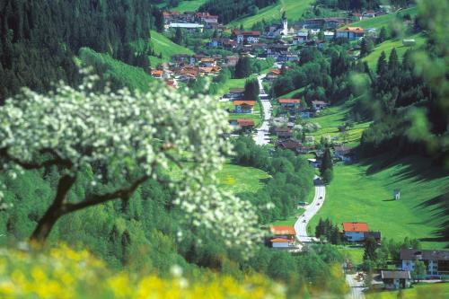 a village on a hill with a road in the distance at Haus am Wildbach in Auffach
