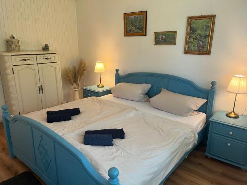 a bedroom with a blue bed with two pillows on it at Ferienwohnung Idyll - Alleinlage in Berge