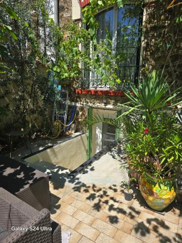 a garden with potted plants on a patio at Comfortable studio in Noisy-le-Sec