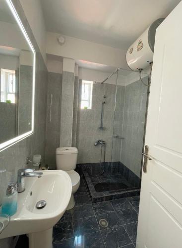 a bathroom with a shower and a toilet and a sink at Cozy apartment of Chalkida in Chalkida