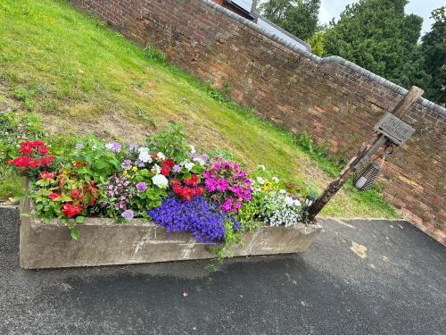 a flower box with flowers in it next to a wall at The Hurst Coach House in Stafford
