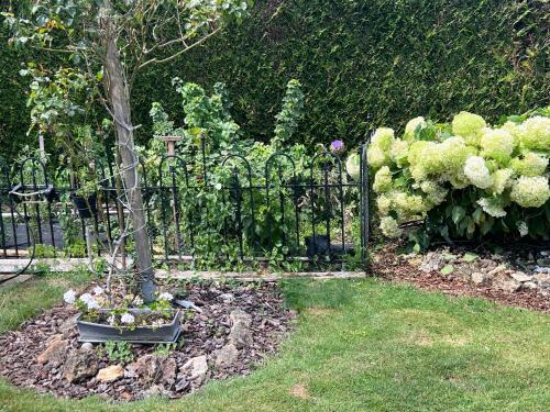 a garden with a fence and a tree and flowers at Les Prémices De La Forêt in Chailly-en-Bière