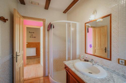 Un baño con lavabo, ducha y espejo. en San Pelayo, en San Millán de Lara