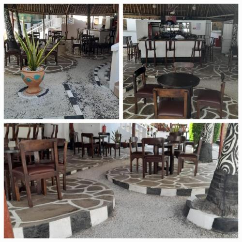 a group of four pictures of chairs and tables at Ocean View Nyali Boutique Hotel in Nyali