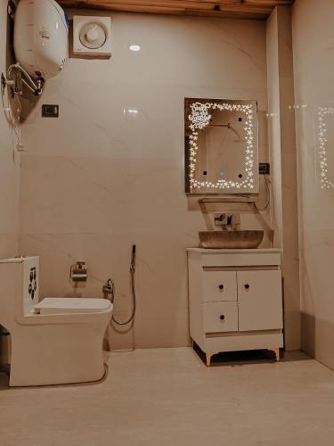 a bathroom with a sink and a mirror and a toilet at Glass House by Himalayan Cedar Nest in Sainj