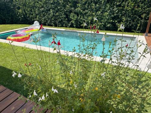 - une piscine avec un jouet dans l'herbe dans l'établissement Belle Villa climatisée, Piscine chauffée, Proche Plage, 8 personnes, à Lansargues