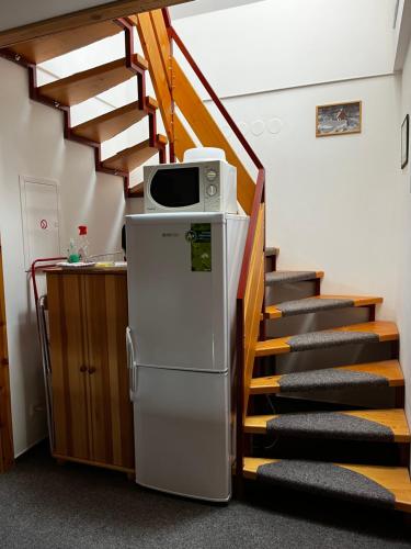 a room with a staircase with a refrigerator and a microwave at Penzion U pily in Paseky nad Jizerou