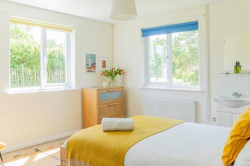 a bedroom with a bed and a sink and two windows at Secluded 3 bed cottage in private parkland in Brockenhurst