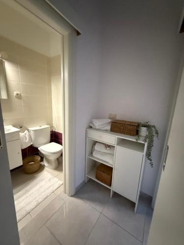 a small bathroom with a toilet and a sink at SEASPRAY APARTMENTS TISNO in Tisno