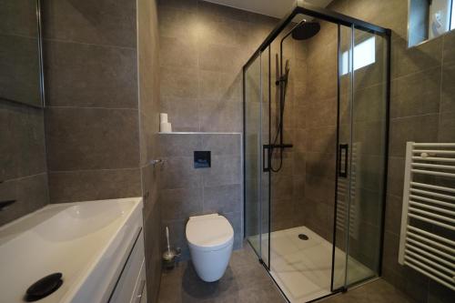 a bathroom with a shower and a toilet and a tub at Pavilion Villa Waterzicht | 10 Personen in Kerkdriel