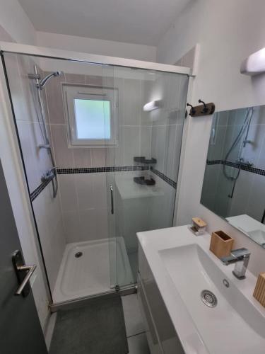 a bathroom with a glass shower and a sink at Maison cocon Bali in Saint-Pierre-des-Corps