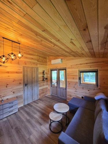 a living room with a couch and a table at Domki Pod Olchowym Dachem Lubie in Gudowo