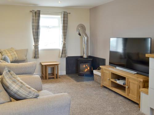a living room with a television and a fire place at Granary Cottage in Bempton