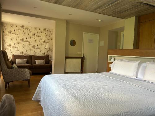 a bedroom with a bed and a chair and a couch at Hotel Abetos in Torla