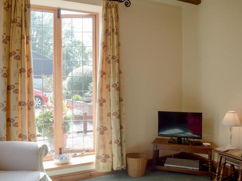 a living room with a television and a window at Y Bwthyn-Uk31367 in Tregynon