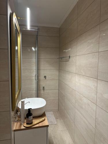 a bathroom with a white sink and a shower at Studio PANORAMIC with Balcony and Parcul Unirii view in Alba Iulia