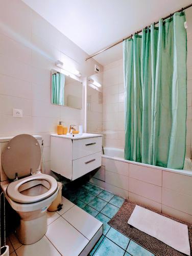 La salle de bains est pourvue de toilettes et d'un rideau de douche vert. dans l'établissement Budget spacious apart with terrace, à Mantes-la-Jolie