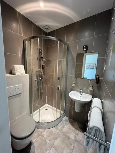 a bathroom with a shower and a toilet and a sink at Nice Garden Hotel in Nice