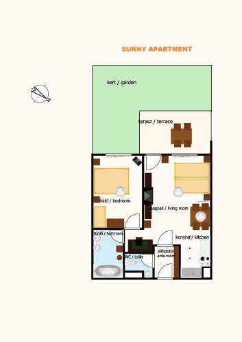 a floor plan of the courtyard apartment at Sunny Apartman in Siófok