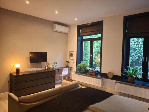 a bedroom with a bed and a tv and windows at Inn the Green in Zeist