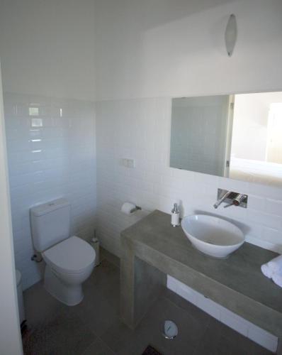 a bathroom with a toilet and a sink and a mirror at Moinhos das Marés in Fuzeta