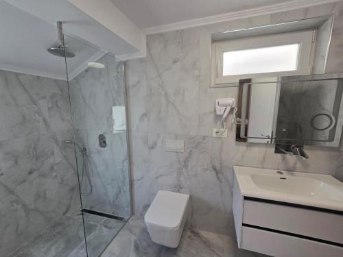 a bathroom with a shower and a toilet and a sink at Fraj Holiday Homes Pogradec in Pogradec
