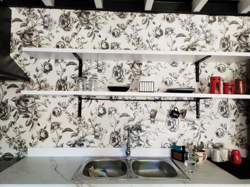 a kitchen with a sink and a floral wallpaper at Διώροφο πέτρινο σπίτι με θέα Agiasos Classic Stone House in Agiásos