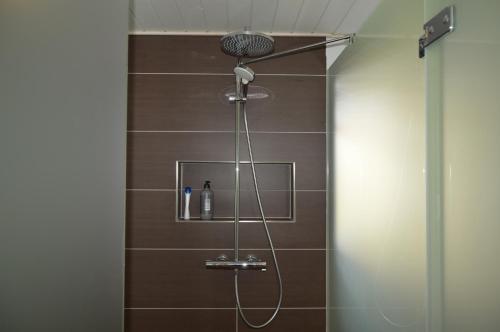 a shower with a shower head in a bathroom at Serengeti & Stayover in Svebølle