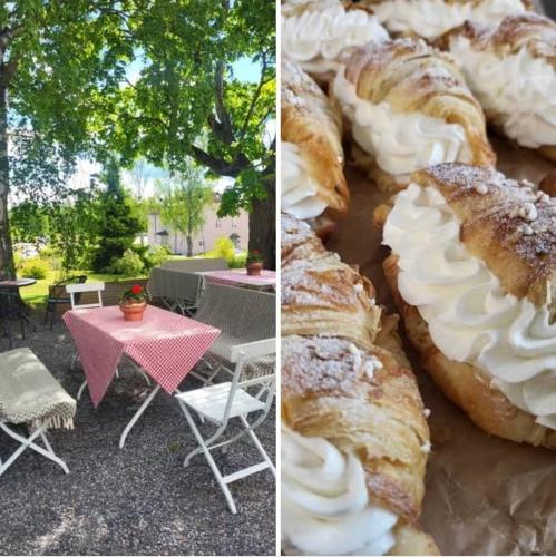 two pictures of pastries and a table and a table and chairs at Central lägenhet med balkong i Ockelbo in Ockelbo
