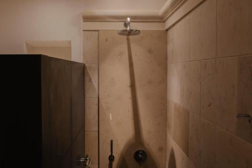 a shower in a bathroom with a shadow on the wall at Hotel Pod Różą in Kraków