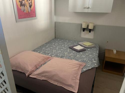 - un petit lit dans une petite chambre avec 2 oreillers dans l'établissement PLAGE et COMMERCES 218, à Cannes