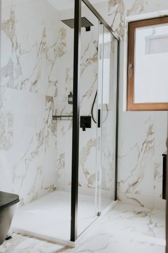 a shower with a glass door in a bathroom at Słoneczne Wzgórze in Zagórze Śląskie