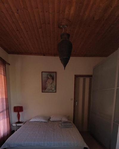 a bedroom with a bed with a wooden ceiling at Cute House with mountain views 