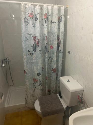 a bathroom with a toilet and a shower curtain at Kiki House in Nea Potidaea