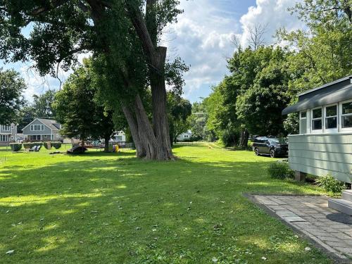 a tree in a yard next to a house at Trolleys at Pebble Beach in Livonia