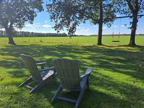 two chairs sitting in the grass in a park at B&B Buitengewoon in Fochteloo