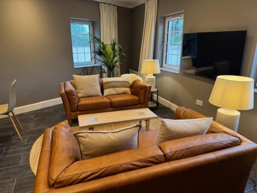 a living room with two couches and a television at Aaron Glen Guest Apartments in Loanhead